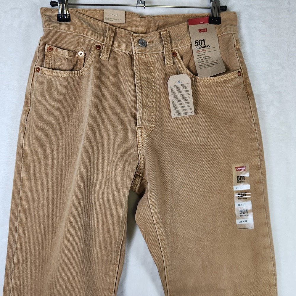 Levis 501 Original Fit Jeans 26x32 Tan Button Fly Cotton Denim NWT Straight Leg